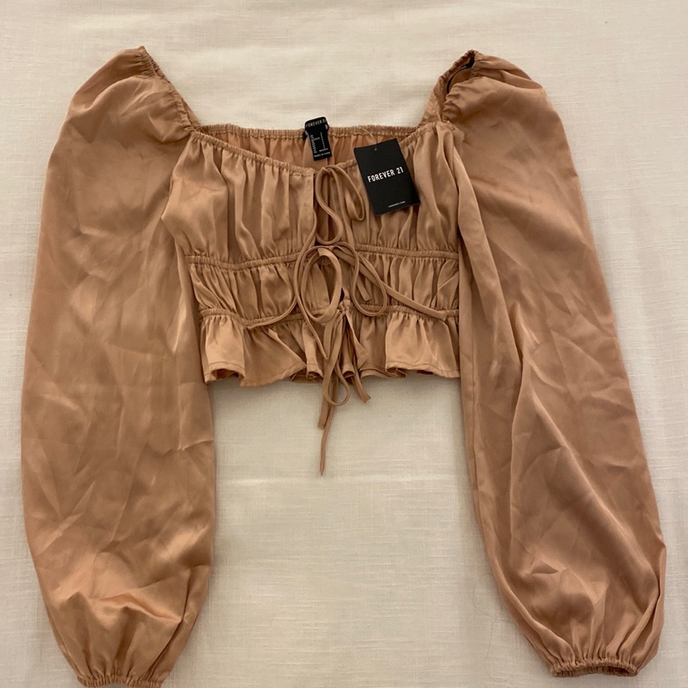 Forever 21 Satin Blush Long Sleeve Crop w/Tie Front
